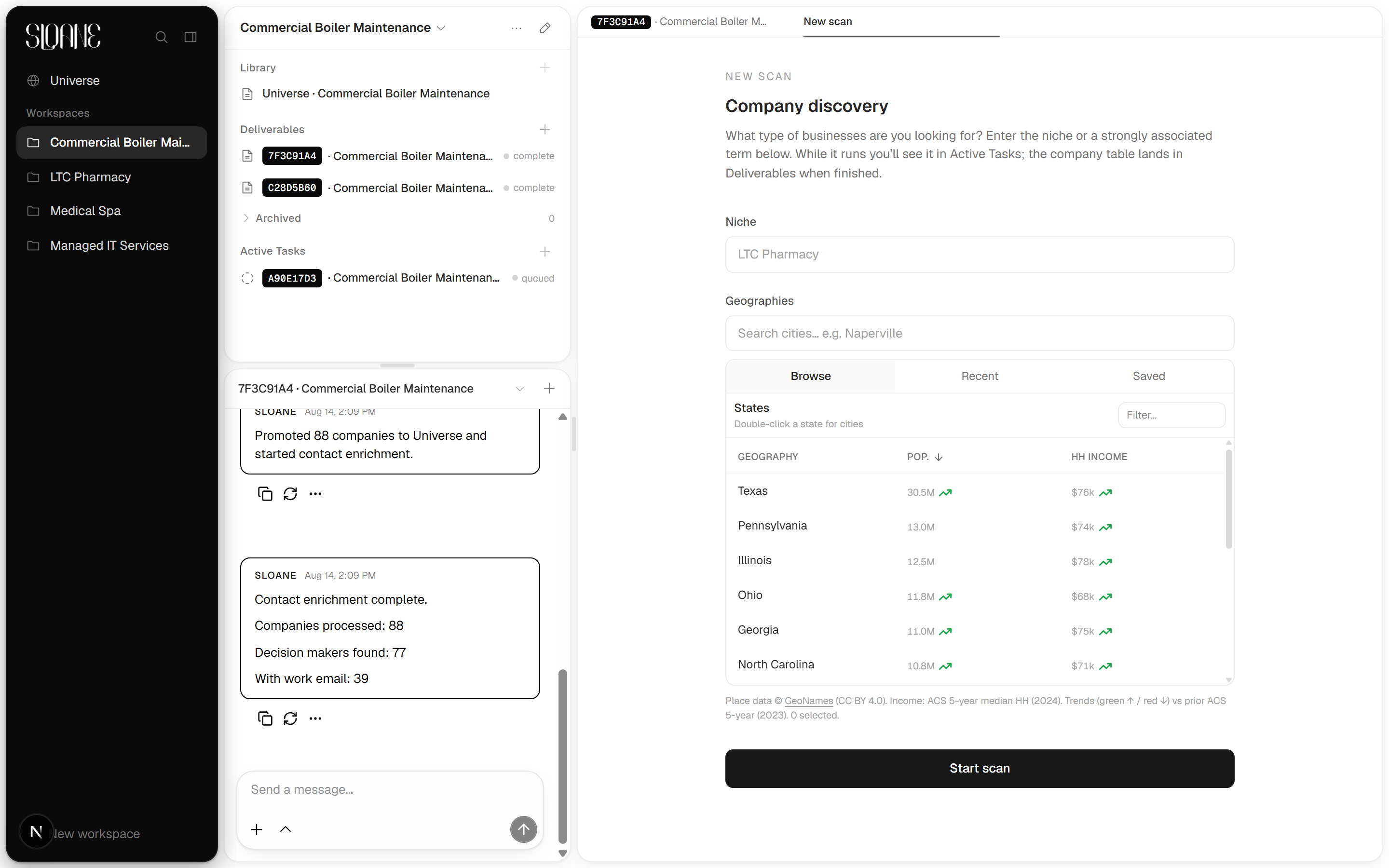 The new scan form in Sloane, with a niche field and a geography browser listing states with population, median household income, and trend arrows.
