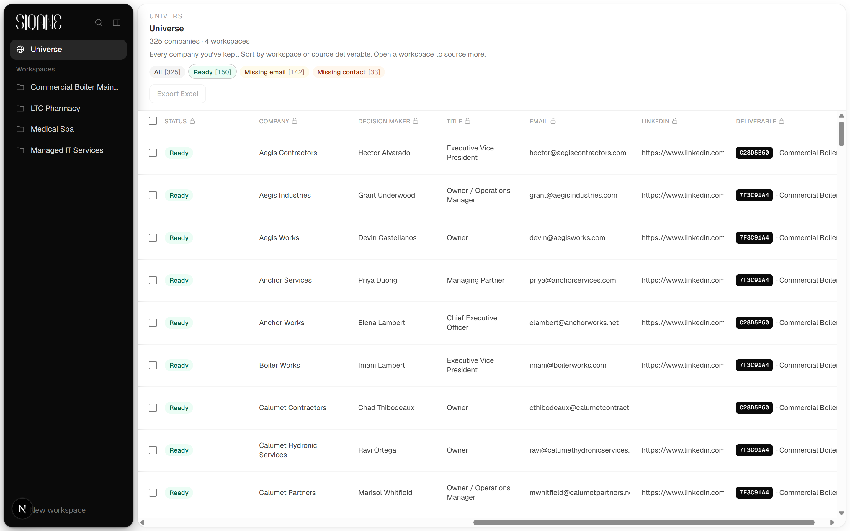 The account Universe in Sloane, listing kept companies from multiple workspaces with reach status filters and an Excel export.